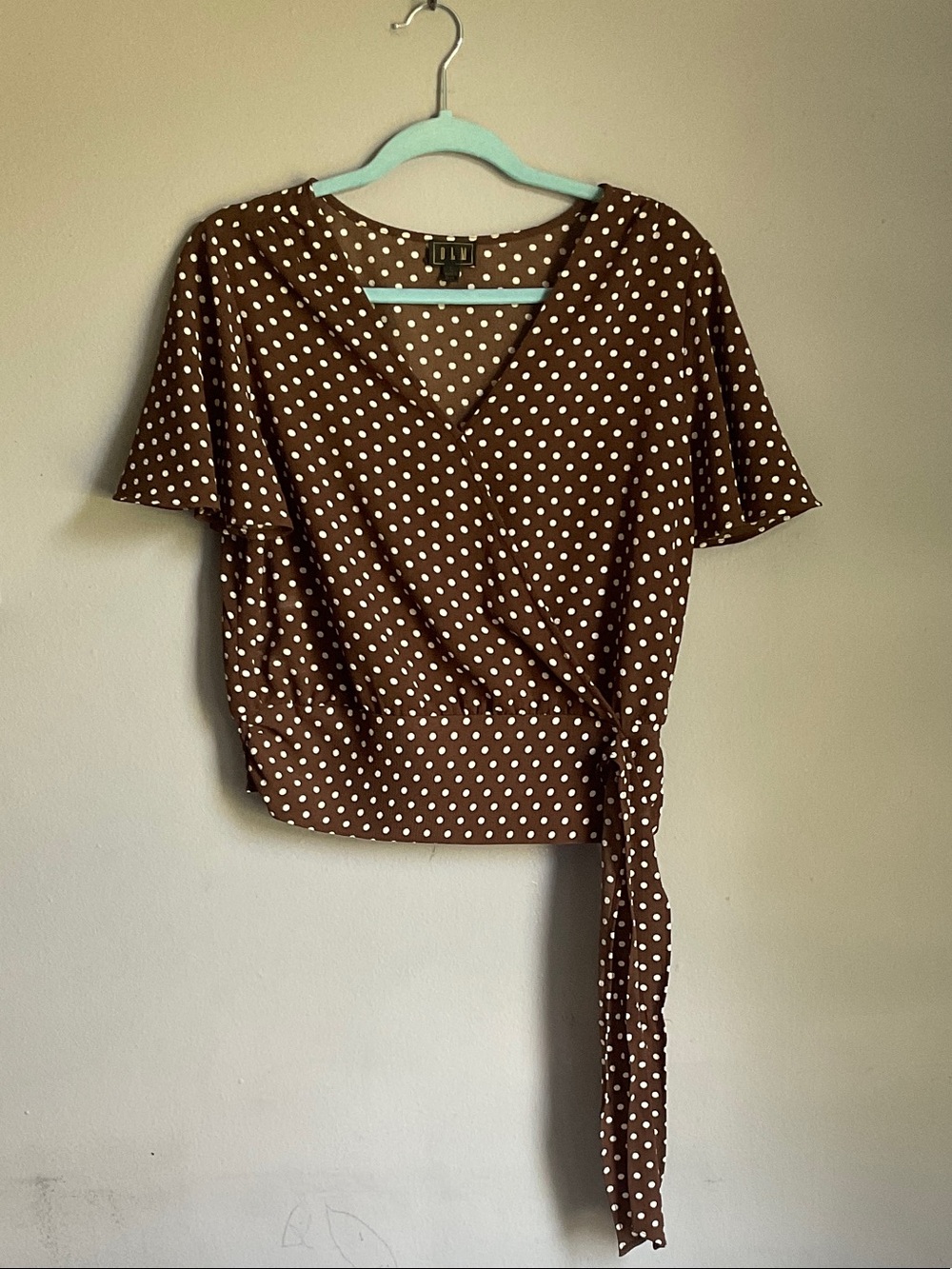 Polka Dot Wrap Blouse in Brown with Tie Waist